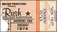 Rush show ticket#0805 with Golden Earring December 05, 1978 Davenport - Palmer Chiropractic College